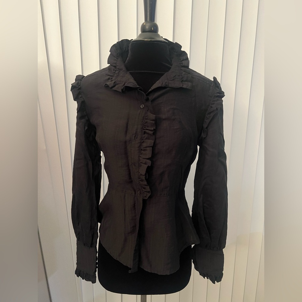 Sabina Musayev black ruffle fitted high neck button up marcel top size S - Picture 2 of 4